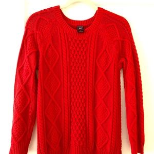 Gap Bright Aran Holly Berry Red Cable Knit Sweater